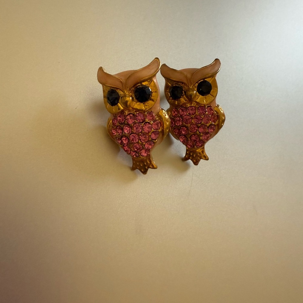 Charming Pink and Gold Owl Stud Earrings